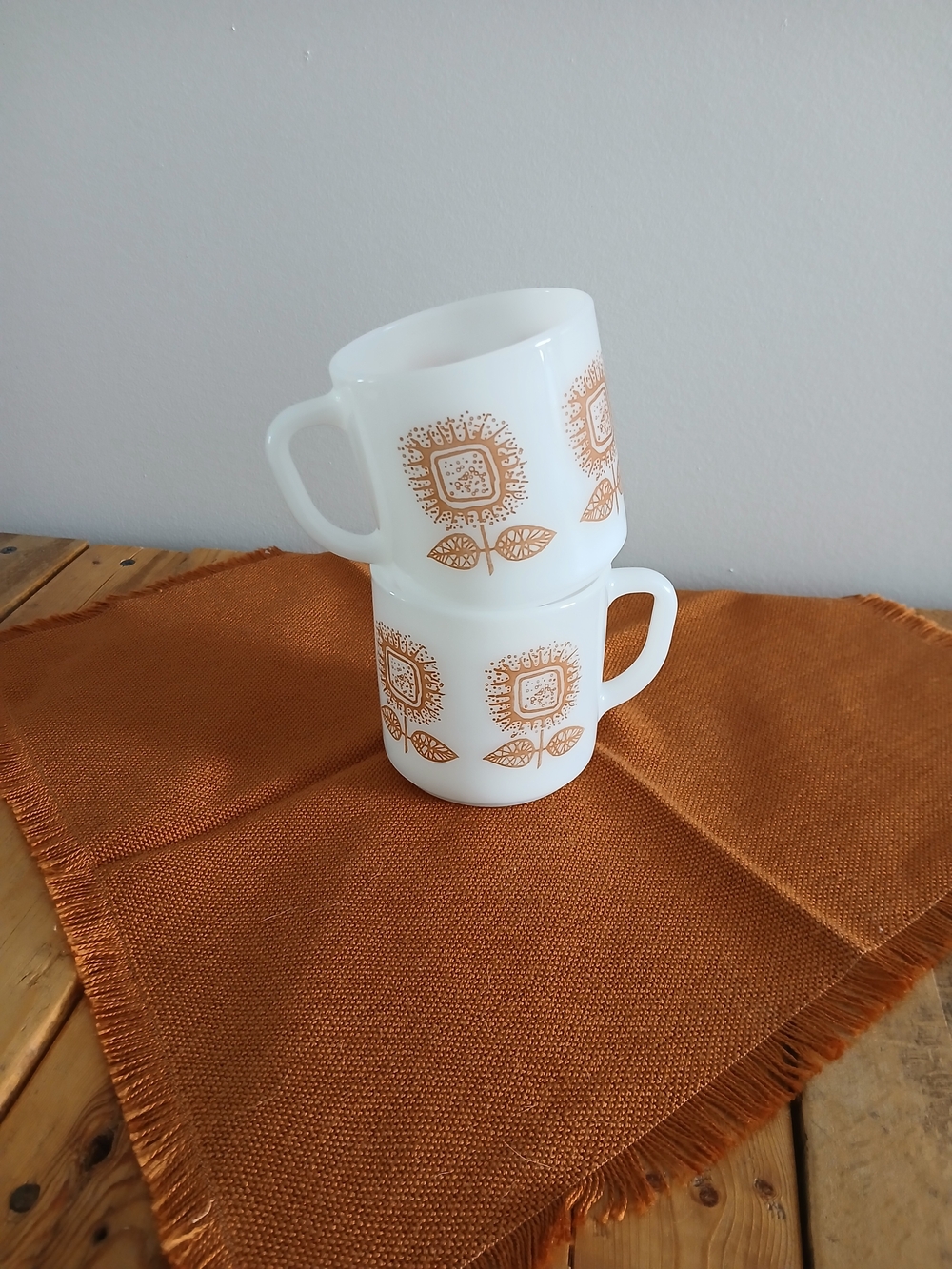 Vintage Federal Milk Glass Sunflower Mugs with D-Handle, Set of 2, MCM Retro Kit
